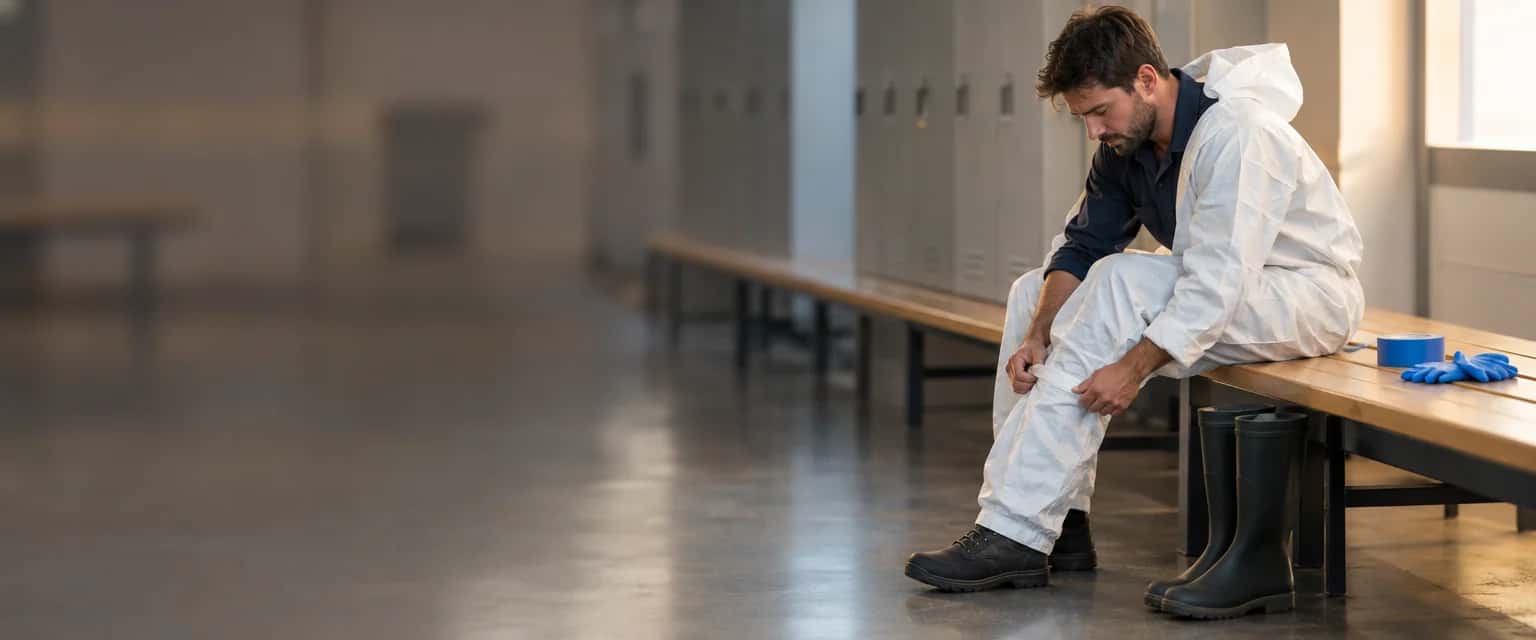 Kleedruimte met stalen lockers. Rechts zit iemand op de houten bank en trekt de pijp van een witte wegwerpoverall over zijn eigen werkbroek; onder de bank staan rubberlaarzen klaar en op de bank liggen een rol blauwe tape en blauwe handschoenen.