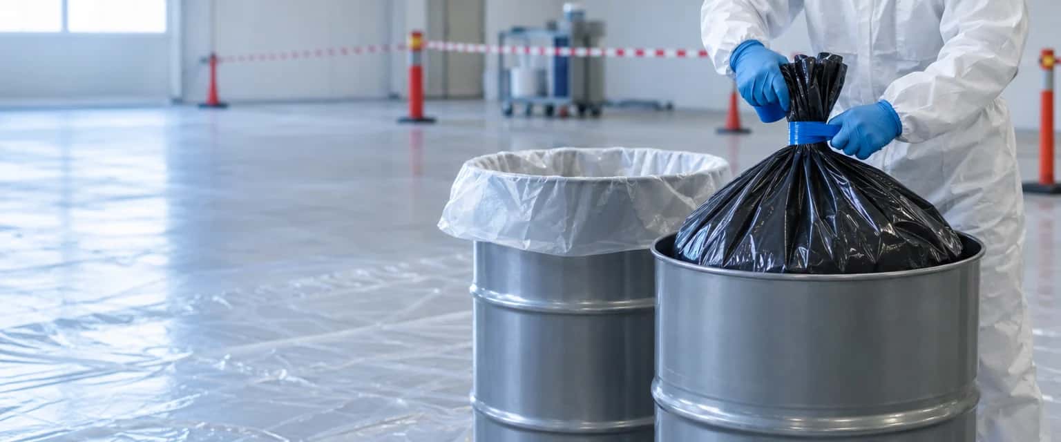 Afvalpunt binnen een afgezet werkgebied met folie over de vloer en rood-wit afzetlint. Handen in blauwe handschoenen en de mouwen van een witte wegwerpoverall draaien de hals van een volle binnenzak in een stalen vat dicht; ernaast staat een tweede vat met een verse zak klaar.