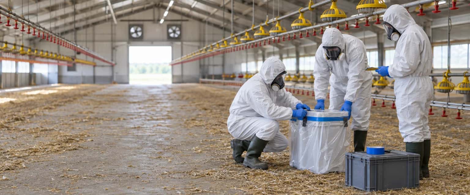 Lege pluimveestal tijdens een ruiming. Drie medewerkers in witte wegwerpoveralls met capuchon, afgeplakte manchetten, handschoenen, laarzen en volgelaatsmasker sluiten een container met binnenzak af.