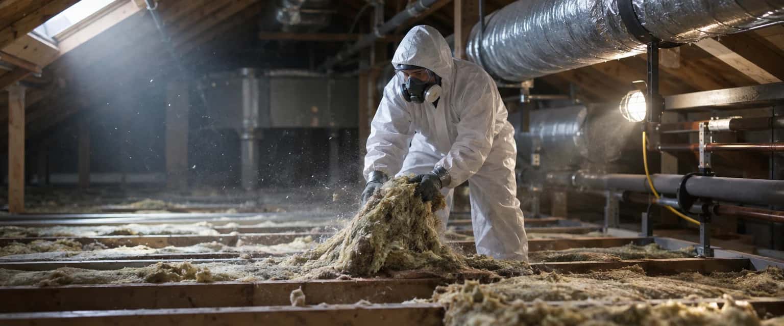 Isolatiewerk in een kruipruimte of technische ruimte. Iemand in een witte wegwerpoverall met afgeplakte manchetten, ruimzichtbril en halfgelaatsmasker trekt oude minerale wol weg; in de lichtbundel hangen vezels.