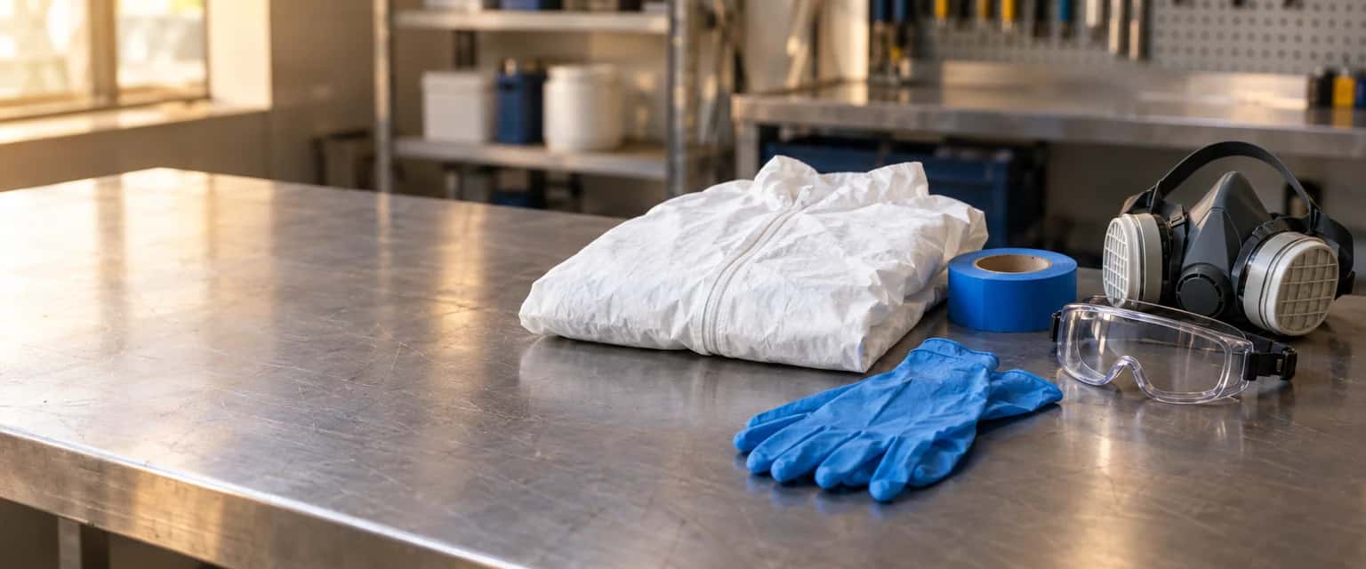Stalen werkbank met een opgevouwen witte wegwerpoverall, een rol blauwe tape, blauwe nitrilhandschoenen, een ruimzichtbril en een halfgelaatsmasker.
