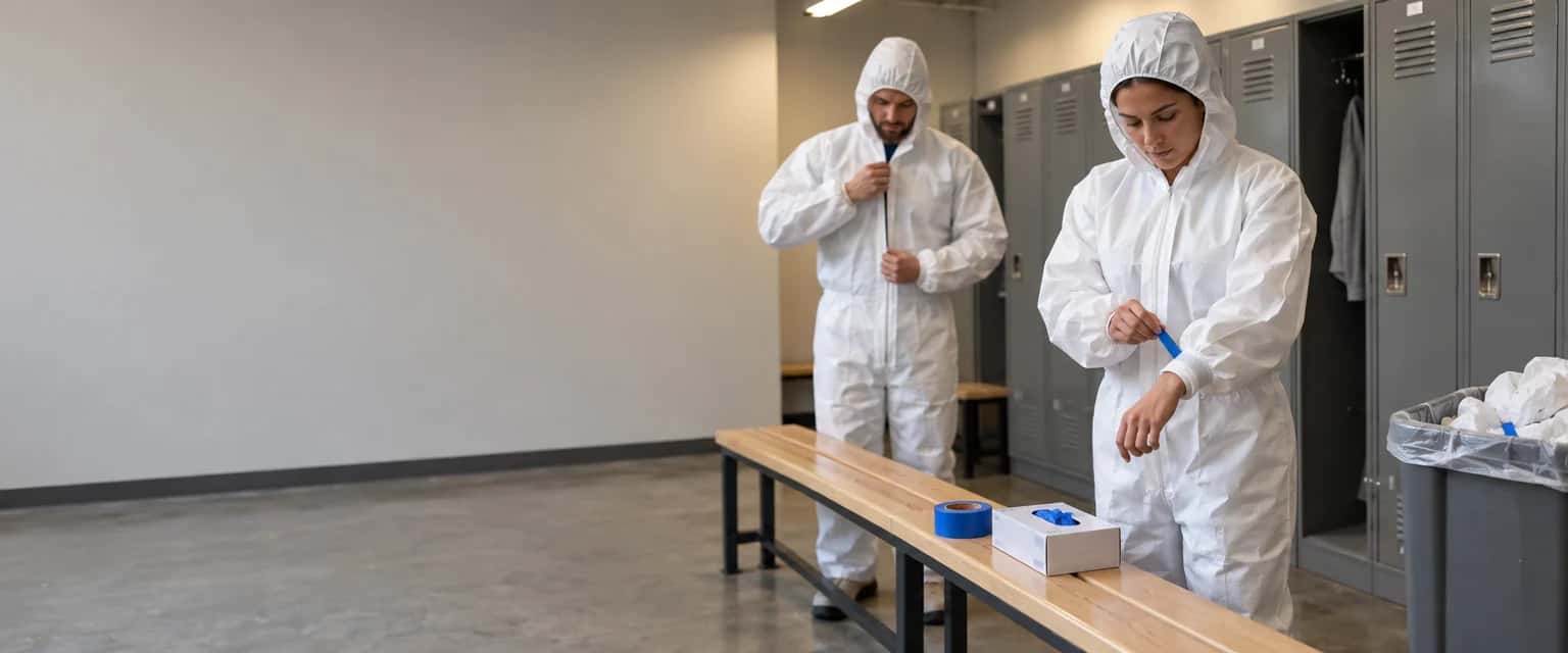 Omkleedruimte met lockers. Twee mensen trekken een witte wegwerpoverall aan; een van hen plakt met blauwe tape de manchet om de pols af.