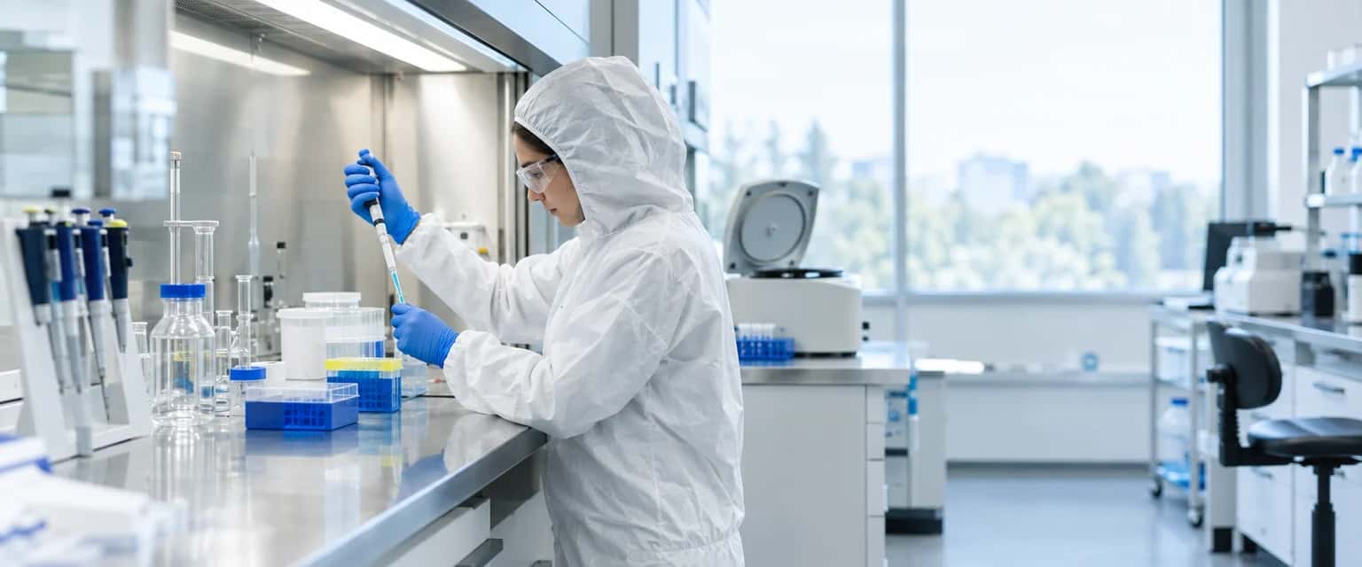 Laboratoriumbank met zuurkast en glaswerk. Iemand in een witte wegwerpoverall met capuchon, veiligheidsbril en blauwe handschoenen pipetteert een vloeistof.