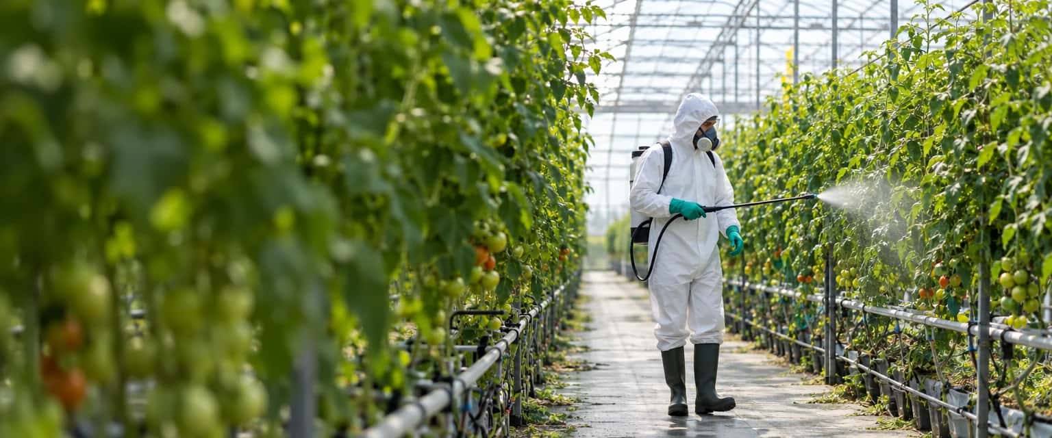 Kas met rijen tomatenplanten. Een medewerker in een witte wegwerpoverall met capuchon, chemicaliënhandschoenen, laarzen en halfgelaatsmasker spuit het gewas met een lans.