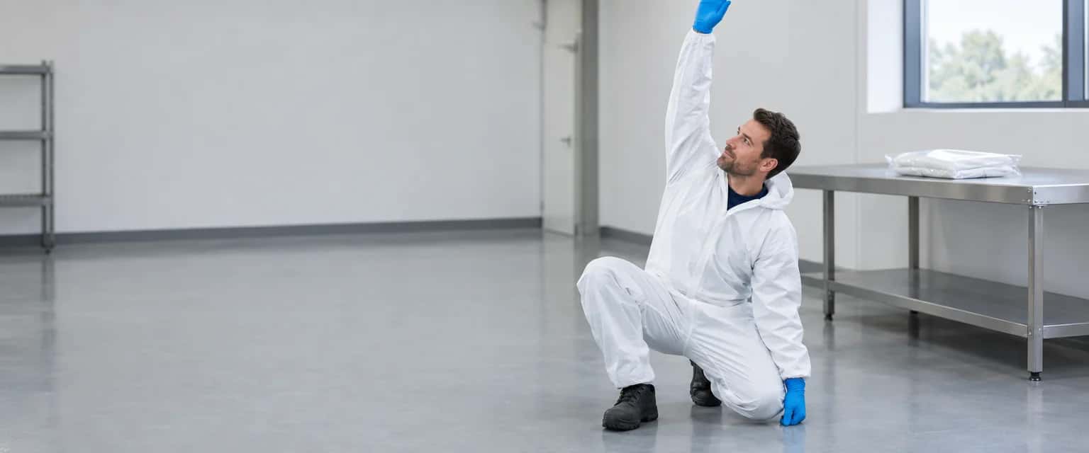 Lege werkruimte met grijze vloer. Iemand in een witte wegwerpoverall zit diep door de knieën met een arm recht omhoog; het pak zit ruim over de werkkleding eronder en er staat geen spanning op de naden. Op de roestvrijstalen tafel ligt een tweede pak in een dichte zak.