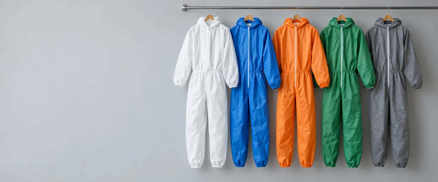 Vijf wegwerpoveralls naast elkaar aan een stalen rail tegen een lichtgrijze wand, in wit, blauw, oranje, groen en grijs.