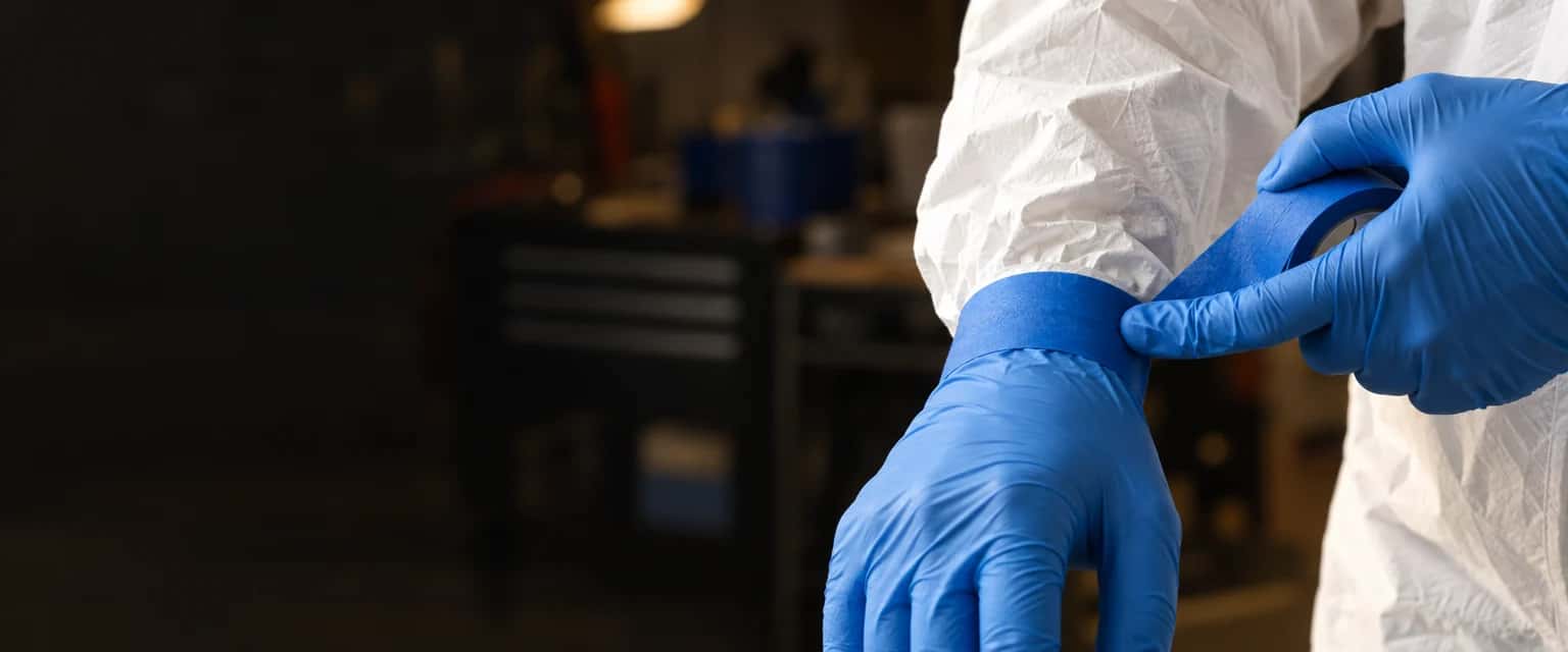 Close-up van twee handen in blauwe nitrilhandschoenen die blauwe tape rond de pols van een witte wegwerpoverall wikkelen, op de overgang van manchet naar handschoen, en de tape met de duim aandrukken.