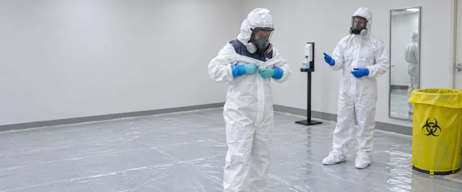 Uitkleedzone met folie over de vloer, een afvalvat met gele biohazard-binnenzak, een spiegel en een desinfectiezuil. Iemand in een wit wegwerppak met capuchon, volgelaatsmasker en twee paar handschoenen rolt het pak van de schouders af; een tweede persoon in eigen pak kijkt op afstand toe en wijst aan.