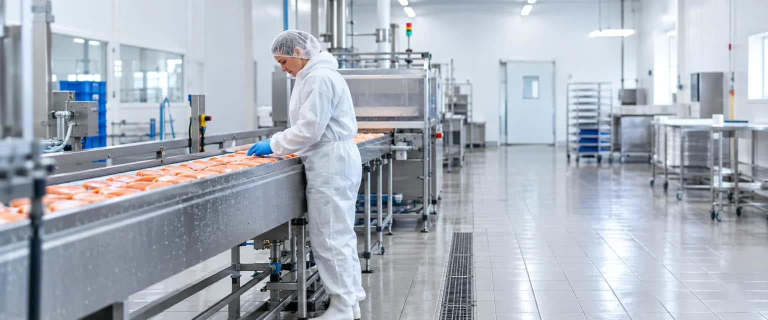 Voedingsverwerkingshal met een roestvrijstalen transportband. Een medewerker in een witte wegwerpoverall met capuchon, haarnetje en blauwe handschoenen controleert het product op de lijn.