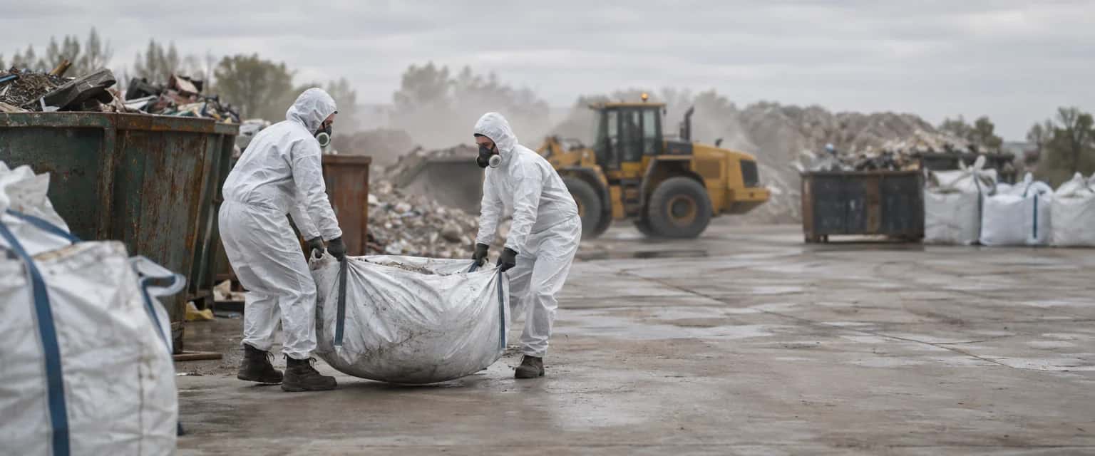 Afvalsorteerterrein met containers en big bags. Twee werkers in witte wegwerpoveralls met handschoenen en halfgelaatsmasker tillen een dichtgeknoopte zak.