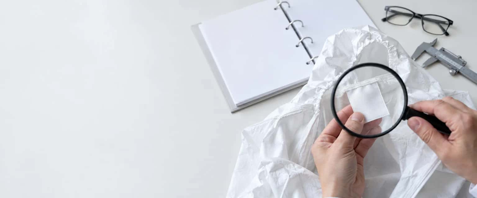 Wit inspectiebureau. Rechts houdt een hand het blanco inwendige label van een witte wegwerpoverall vast en een tweede hand een vergrootglas daarboven; ernaast liggen een open ringband met lege vellen, een schuifmaat en een leesbril.