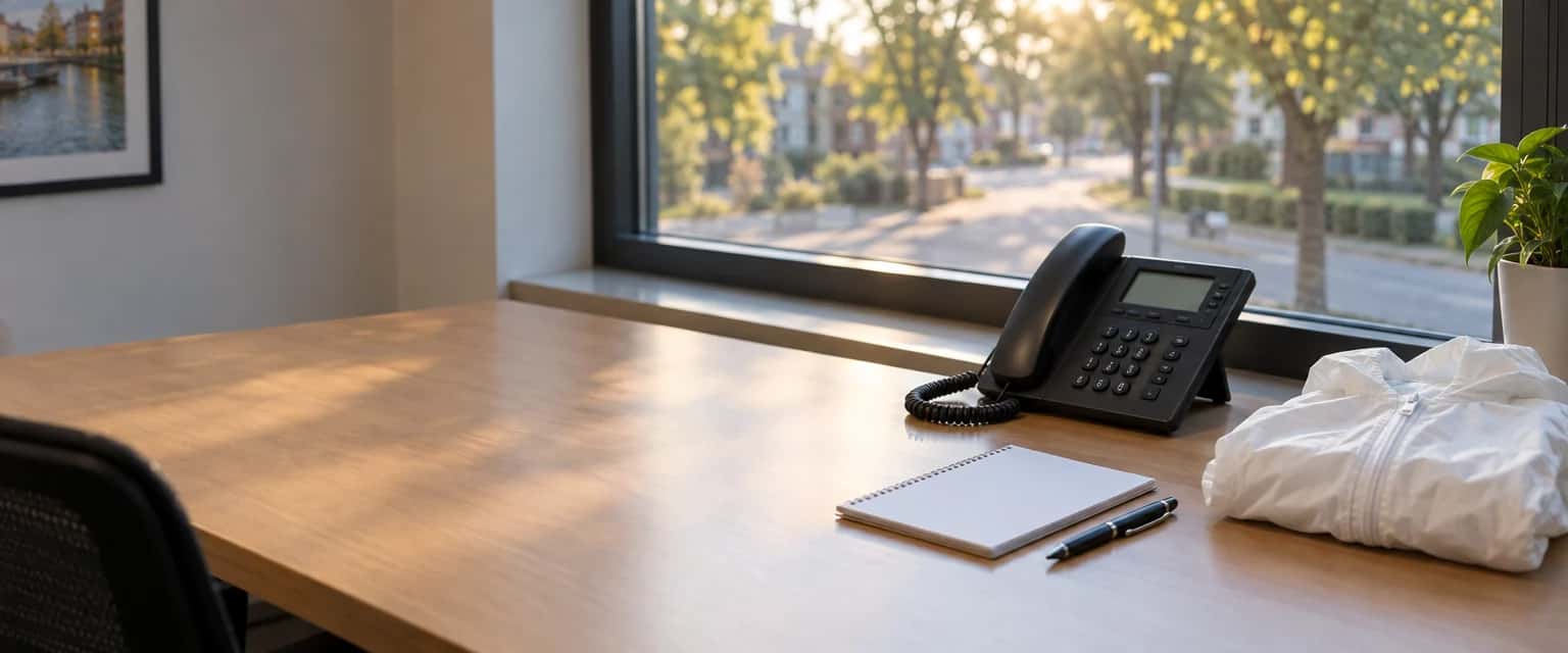 Bureau bij een raam met uitzicht op een straat met bomen. Op het blad staan een bureautelefoon met de hoorn op de haak, een leeg blocnote met een pen ernaast en een opgevouwen witte wegwerpoverall op de hoek.