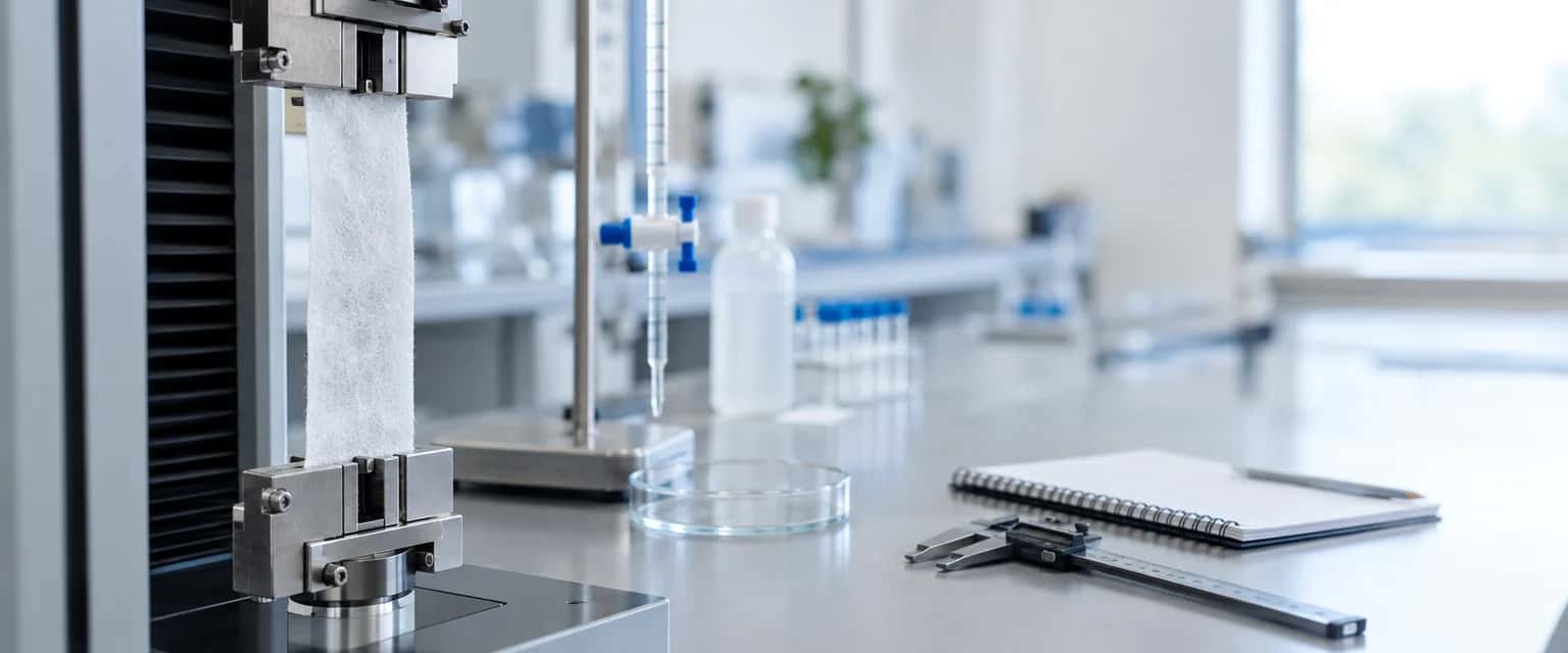 Testbank in een laboratorium met een strook wit vlies ingeklemd in een trekbank, met glaswerk, een petrischaal en een schuifmaat op het werkblad.