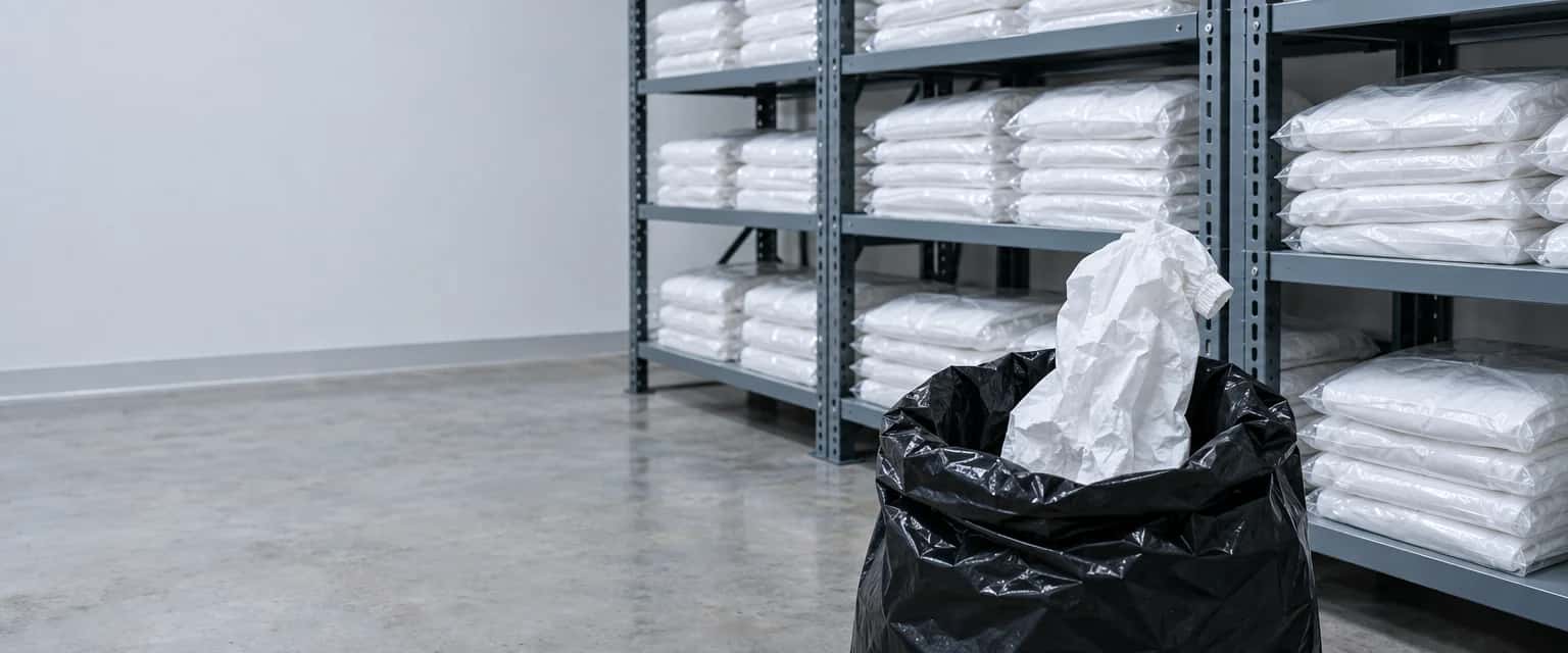 Droog magazijn met stellingen vol platte, dichtgesealde zakken met opgevouwen witte wegwerpoveralls. Op de betonvloer ervoor staat een open afvalzak met een gebruikt, verfrommeld pak erin.