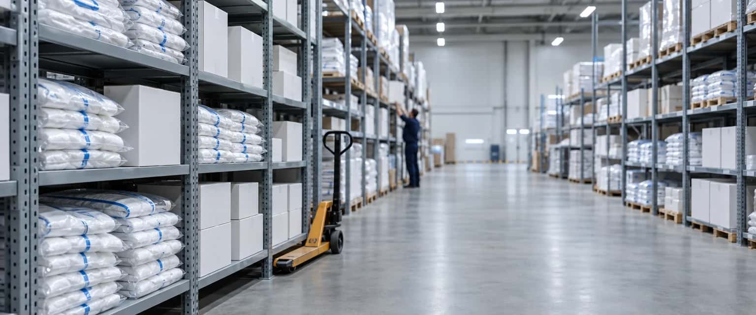 Gang in een magazijn met stellingen vol blanco verpakte wegwerpoveralls in doorzichtige zakken en witte dozen, met een palletwagen op de betonvloer.