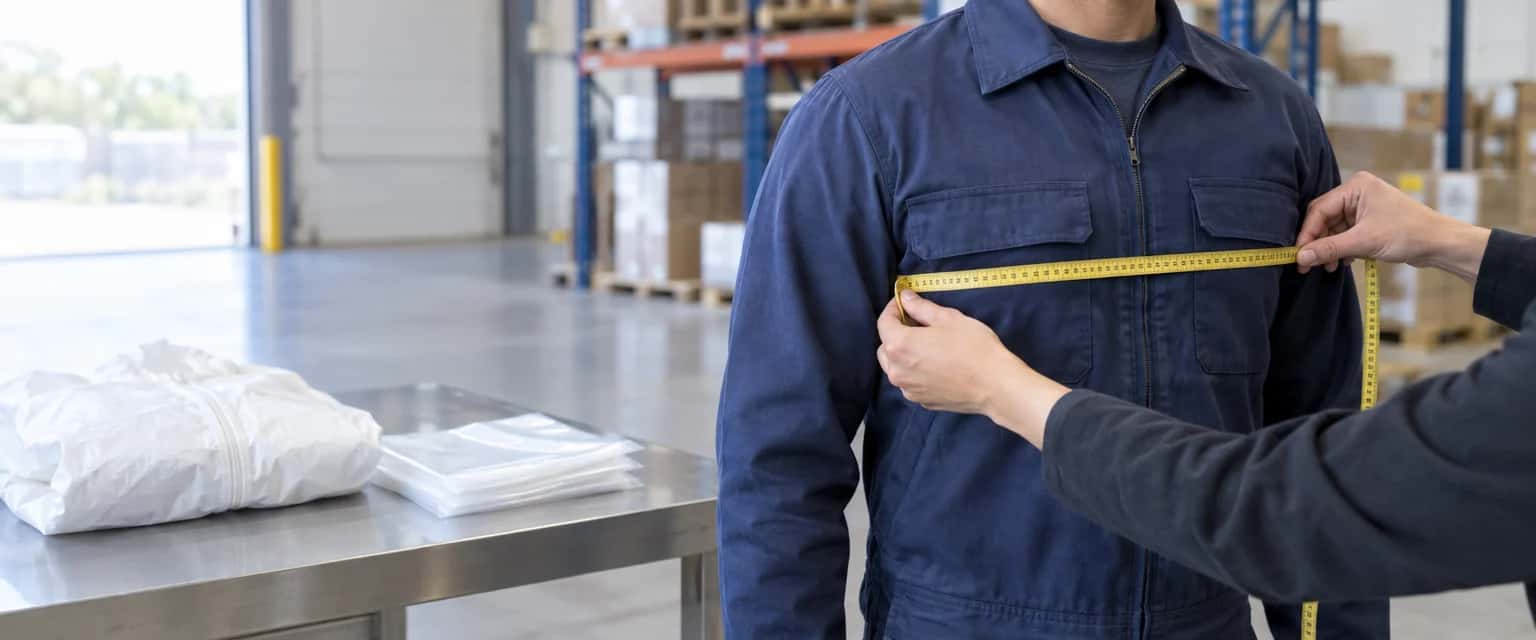 Magazijn met stellingen. Een meetlint wordt om de borst gelegd van iemand die in zijn eigen werkkleding staat, over die kleding heen gemeten; op de stalen tafel ernaast liggen een opgevouwen witte wegwerpoverall en een stapel platte, blanco zakken.