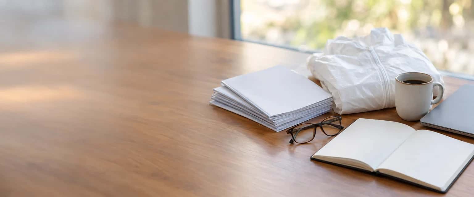 Bureau bij een raam in de ochtendzon. Rechts liggen een stapel gebruiksaanwijzingen met blanco pagina's, een witte wegwerpoverall, een kop koffie, een opengeslagen leeg notitieboek, een leesbril en de rand van een dichtgeklapte laptop.