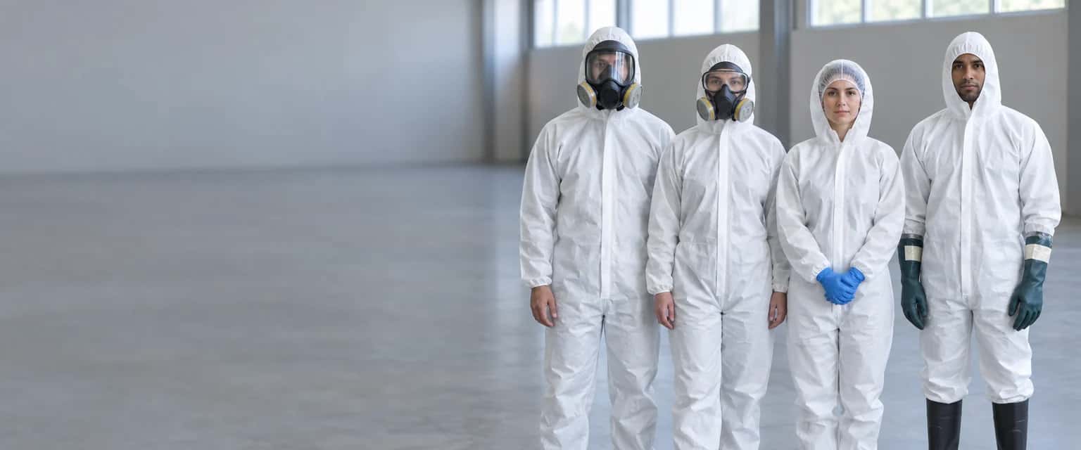 Lege industriehal met betonvloer. In de rechterhelft staan vier medewerkers in witte wegwerpoveralls naast elkaar met verschillende uitrusting: een met volgelaatsmasker en capuchon, een met halfgelaatsmasker en ruimzichtbril, een met een haarnetje onder de capuchon en blauwe nitrilhandschoenen, en een met groene chemicaliënhandschoenen die met tape aan de mouw vastzitten en zwarte rubberlaarzen.