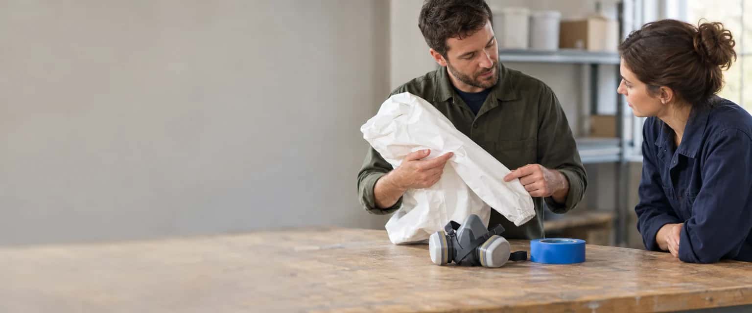 Werkplaats met een houten werkbank. Rechts houdt iemand in werkkleding een witte wegwerpoverall omhoog en wijst de mouw aan; een tweede persoon leunt met de armen op de bank en luistert. Op de bank liggen een halfgelaatsmasker en een rol blauwe tape.